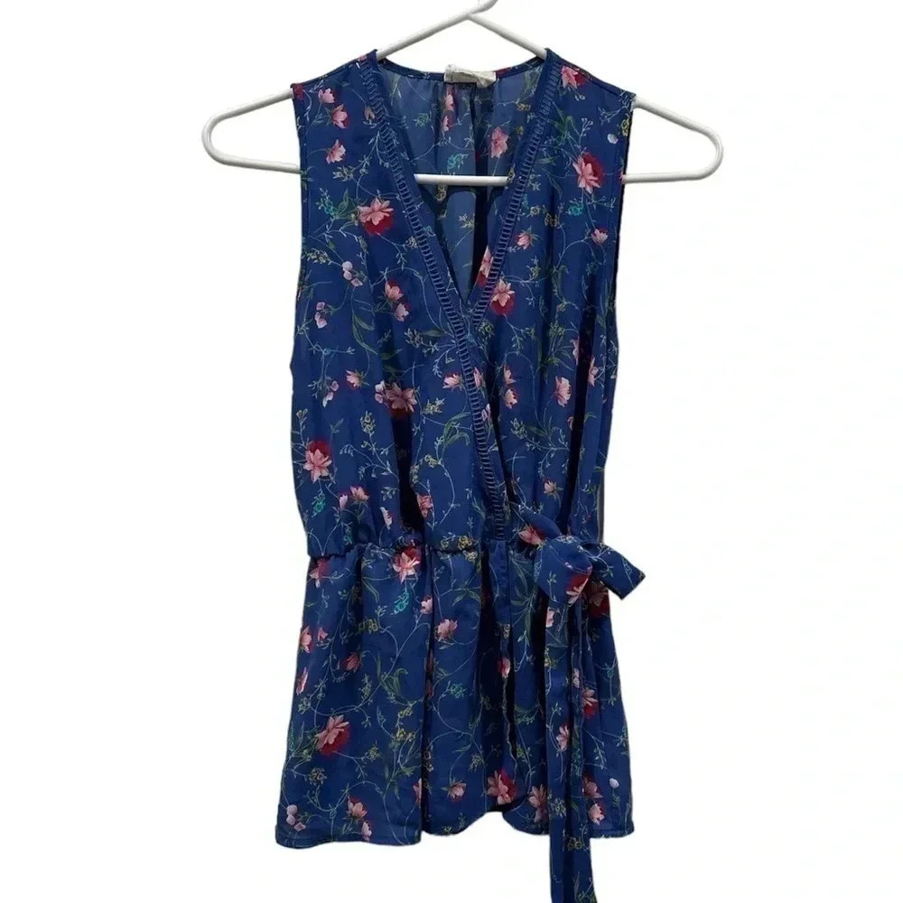 Sienna Sky Blue Sleeveless Faux Wrap Blouse